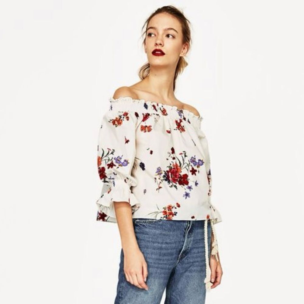 ZARA XS White Blue Vercial Stripe Floral Two Way Quarter Sl On Off Shoulder Top